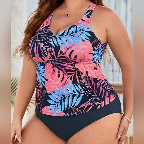 NEW 2X Cupshe two piece tankini bathing suit scoop neck criss cross tie back - Picture 2 of 5